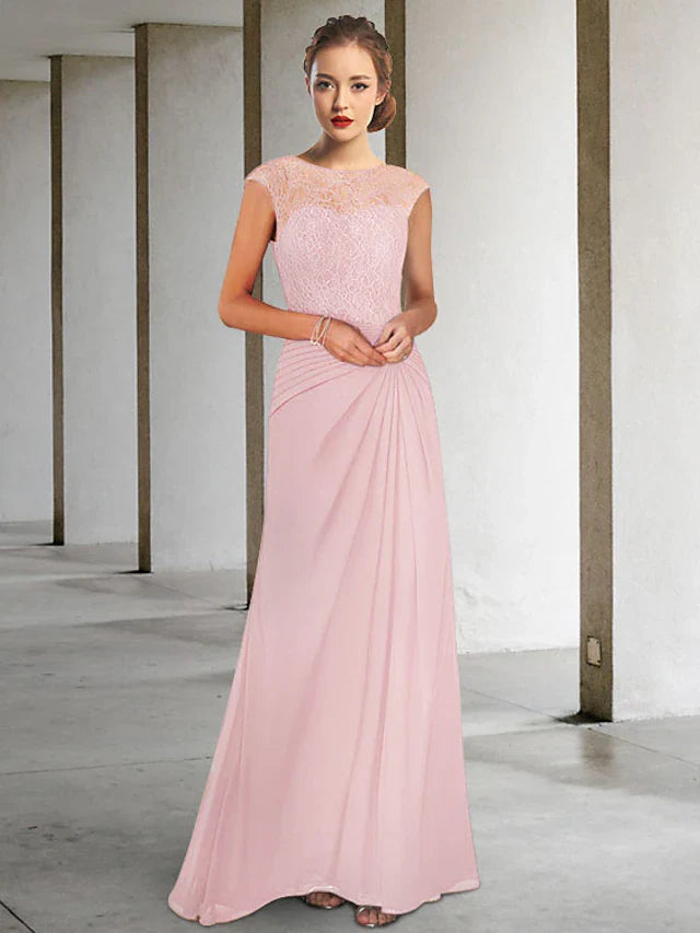 Wholesale A-Line Mother of the Bride Dress Elegant Jewel Neck Floor Length Chiffon Lace Sleeveless with Pleats Appliques